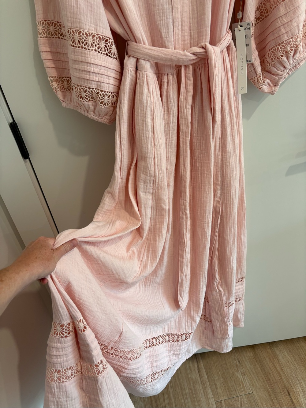 NWT Blush Pink Maxi Dress Puff Sleeve Boho Cottagecore Peasant Crochet Tie Waist - Picture 7 of 14